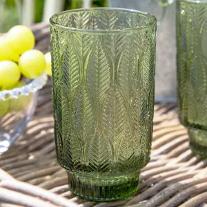 Set of 2 Vintage Luxury Green Trailing Leaf Drinking Tall Tumbler Glasses 450ml