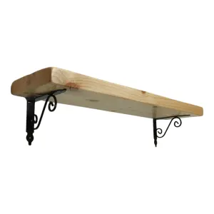 Solid Wood Handmade Rustical Shelf Primed 225mm 9 inch with Black Metal Bracket WOZ Length of 180cm