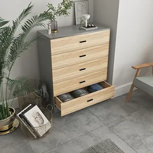 URBNLIVING Height 90.5cm 5 Drawer Wooden Bedroom Chest Cabinet Grey Carcass and Oak Drawers Modern Wide Storage Cupboard Closet