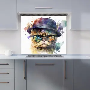 Shorthair Cat With Glasses Splashart Premium Glass Kitchen Splashback W900mm x H650mm