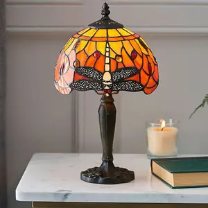 Tiffany Glass Table Lamp Light Dark Bronze Base & Orange Dragonfly Shade i00195