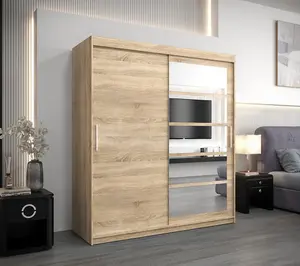 Stylish Oak Sonoma Roma I Sliding Door Wardrobe W1800mm H2000mm D620mm Mirrored Vertical Handles Elegant Storage Solution