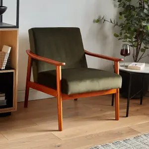 Spinningfield Fairfield Frame Lounge Chair, Green Velvet Accent Armchair with Wood Legs, Industrial Design Reading & Corner Chair