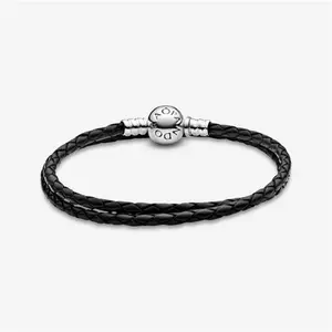 Pandora Moments Double Black Leather Bracelet - Geniune Leather / Sterling Silver / Black - Sz. 41 cm