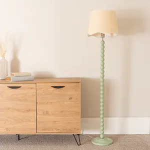 ValueLights Bobbins Sage Green Floor Lamp with Linen Scallop White Trim Shade and LED Bulb