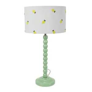 ValueLights Bobbins Sage Green Table Lamp with Lemon Embroidered Drum Lamp Shade and LED Bulb