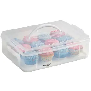 VonShef Cupcake Carrier with Handle, 24 Muffin Stackable Cake Caddy, 2 Tier Bake Holder w/Snap & Stack Design, Plastic Carry Box