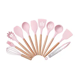 Kitchen Utensil Set of 8 Piece Pink Silicone Wooden Handle Kitchen Utensil Set for Cooking Safe for Non-Stick Cookware