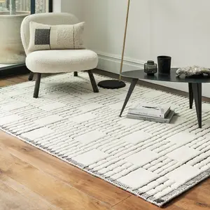 Cream Black Wool Chequered Geometric Modern Easy to Clean Rug for Living Room and Bedroom-200cm X 290cm