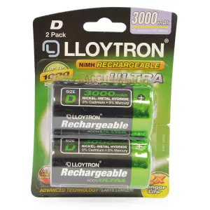 LLOYTRON NiMH Rechargeable AccuUltra Batteries D Size 3000mAh 2 Pack