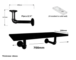 Solid Pine Rustical Shelf Primed Black Industrial Pipe Bracket 25x70cm