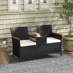 Outsunny Rattan Garden Bench w/ Wood Top Table, Wicker Chair w/ Cushions, Black