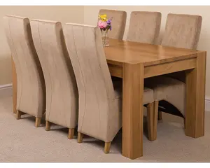 Kuba 180 x 90 cm Chunky Oak Dining Table and 6 Chairs Dining Set with Lola Beige Fabric Chairs