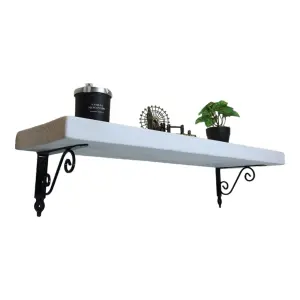 Solid Wood Handmade Rustical Shelf White 175mm 7 inch with Black Metal Bracket WOZ Length of 30cm