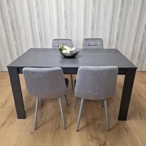 Dining Table and 4 Chairs  Black Dark Grey 4 Grey Velvet Chairs Wood Dining Set Furniture