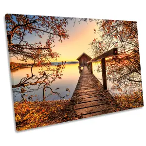 Autumn at the Lake Pier Calm Boathouse CANVAS WALL ART Print Picture (H)51cm x (W)76cm