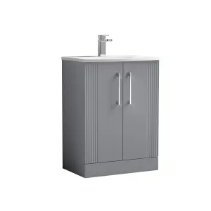 Retro 2 Door Floor Standing Vanity Unit with Curved 1 Tap Hole Ceramic Basin - 600mm - Satin Grey - Balterley