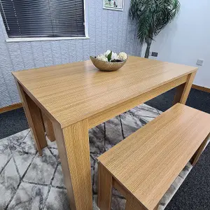 Dining Table With 2 Bench, Dining Table Room Set 4, Wooden OAK Effect Table, 2 Oak Benches Furniture Kosy Koala