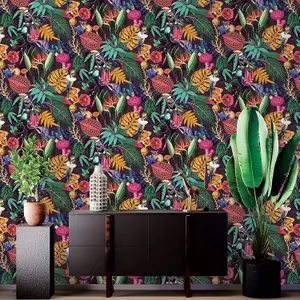 Holden Wonderland Exotic Tropical Birds Animals Rainforest Jungle Palm Wallpaper Plum Purple 91192