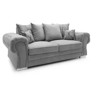 Milan Fabric 3 Piece Sofa Suite Grey Scatter Back Chesterfield Style