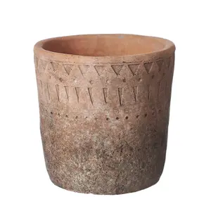 Ceramic Aged Look Rustic Aztec Plant Pot H16.5 cm