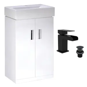 450mm Gloss White 2 Door Floorstanding Vanity Basin Sink Unit & Matt Black Waterfall Tap & Waste