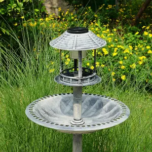 Grey Pedestal Bird Bath Feeder Planter Solar Light Garden Feeding Table Station