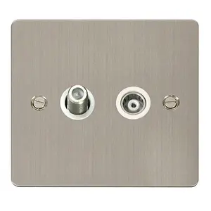 Flat Plate Stainless Steel Satellite And Isolated Coaxial 1 Gang Socket - White Trim - SE Home