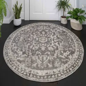 Silver Grey Traditional Medallion Bordered Round Rug 120x120cm