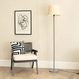 ValueLights Heather Grey Wood Single Stem Floor Lamp with Scallop White Trim Tapered Shade