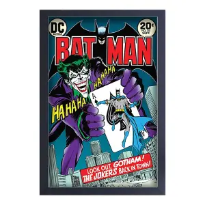 Batman The Jokers Back In Town Framed Canvas Print Multicoloured (40cm x 30cm)