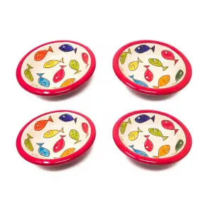 Signature Coloured Fish Hand Painted Ceramic Set of 4 Tapas Bowls Red Rim (Diam) 12cm