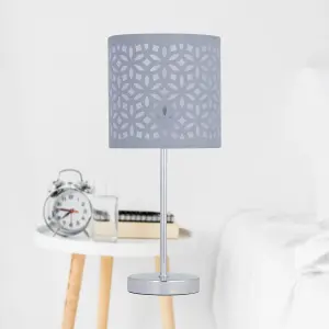 First Choice Lighting Set of 2 Chrome Stick Table Lamps with Grey Laser Cut Shades