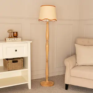 ValueLights Victoria Light Wood Candlestick Floor Lamp with Linen Scallop Rust Trim Tapered Shade