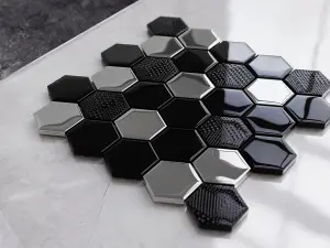 Hexagon glass mosaic on mesh for bathroom or kitchen 247mm x 255mm - Silver Lava