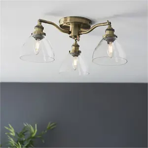 2 PACK Antique Brass Semi Flush Low Ceiling Light - Clear Multi Arm Glass - 3 X 7W LED E14