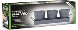 Set of 3 Metal Herb Plant Pots with Saucer Tray Indoor Windowsill Kitchen Planter (White)