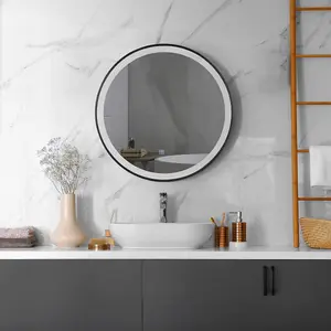 600mm Round LED Illuminated Bathroom Mirror Black Frame - Cool White With Touch Sensor & Demister Pad