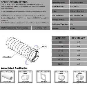 Kair Threaded Connector 100mm - 4 inch for Joining Flexible Hose to Round Ducting Fittings