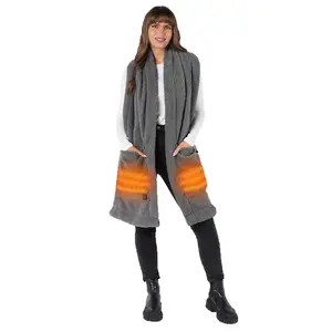 OHS Teddy Fleece Scarf Long Heated Pockets Warm Wrap Shawl, Charcoal - One Size