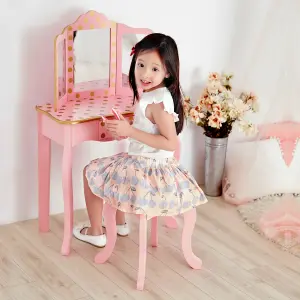 Teamson Kids Dressing Table, Play Vanity Set with Mirror & Stool - Pink/Gold/Polka Dots