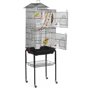 Yaheetech Black Rolling Metal Bird Cage with Detachable Stand