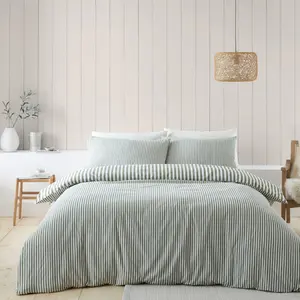 Brushed Cotton Stripe Duvet Cover Set Green / Double