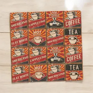 Retro Drinks Large Square Glass Worktop Protector - Hot Drinks American Diner 60s Smooth Kitchen Chopping Board