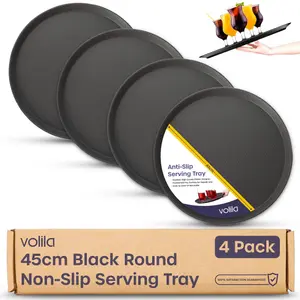 Black Round Tray Set - 45 cm Non-Slip Serving Trays (4 Pack), Rubberized, Dishwasher Safe for Parties & Home Use