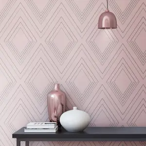 Muriva Blush & Silver Geometric Metallic effect Embossed Wallpaper