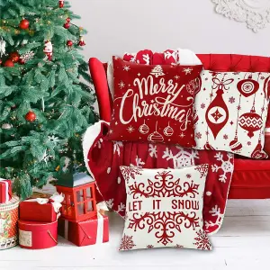 4 Pack Christmas Pillow Covers 1818 Inch Linen Red Christmas Snowflake Throw Cushion Covers Merry Christmas Pillow Cases