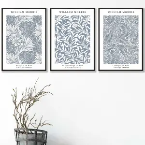 Set of 3 Framed Blue William Morris Vintage Floral / 30x42cm (A3) / Black