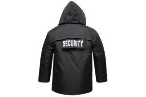 RAC3 Security Parka Jacket with Hood for Men, Water-Resistant, Windproof Design, "SECURITY" Print, Sizes S to 4XL (Black Large)