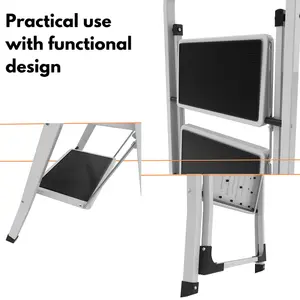 Lightweight 2 Step Ladder 32.2'' (82cm) High - White Portable Folding Ladder - Small, Compact, and Functional Steel Step Ladder